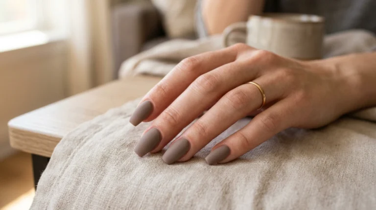 coffin acrylic nails for beginners - matte taupe feature image