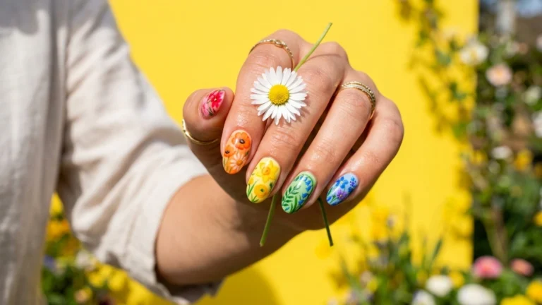 flower nail art for beginners - colorful rainbow flower manicure feature image