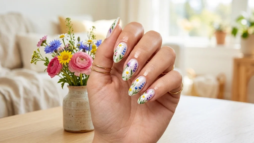 flower nail art for beginners - finished glossy manicure result