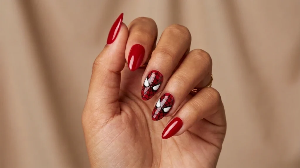 finished red spiderweb nails press-on set of five