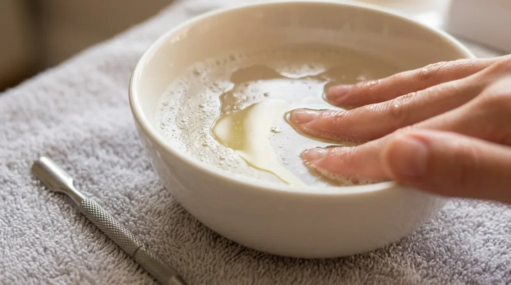 A hot water, soap, and oil soak softens dried glue enough to slide it off instead of picking at it.