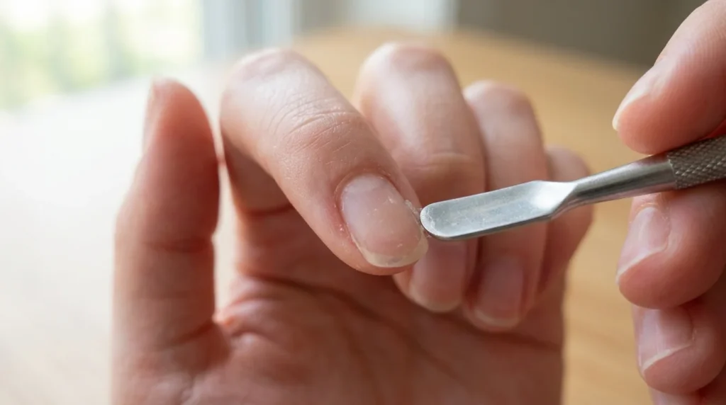 Sliding from the side, flat against the nail, keeps the natural nail plate from getting damaged