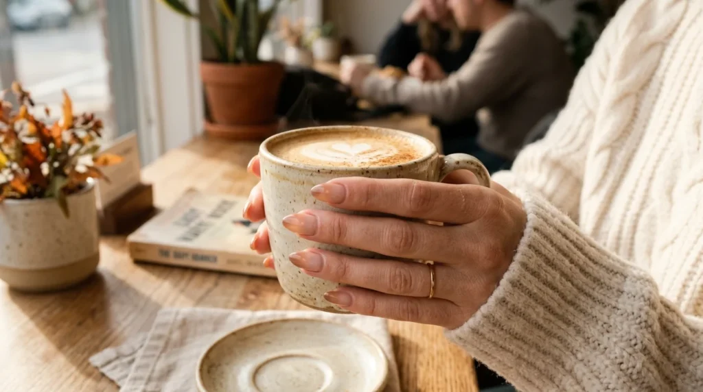 Milky coffee aura nails for fall adds an innocent touch into beauty.