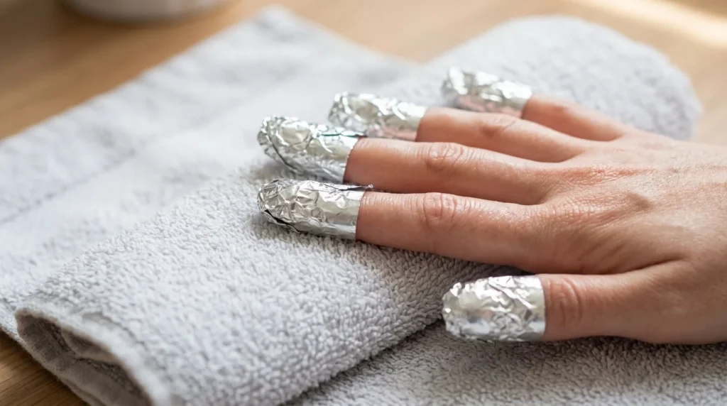 how to remove rubber base gel with an acetone foil wrap soak
