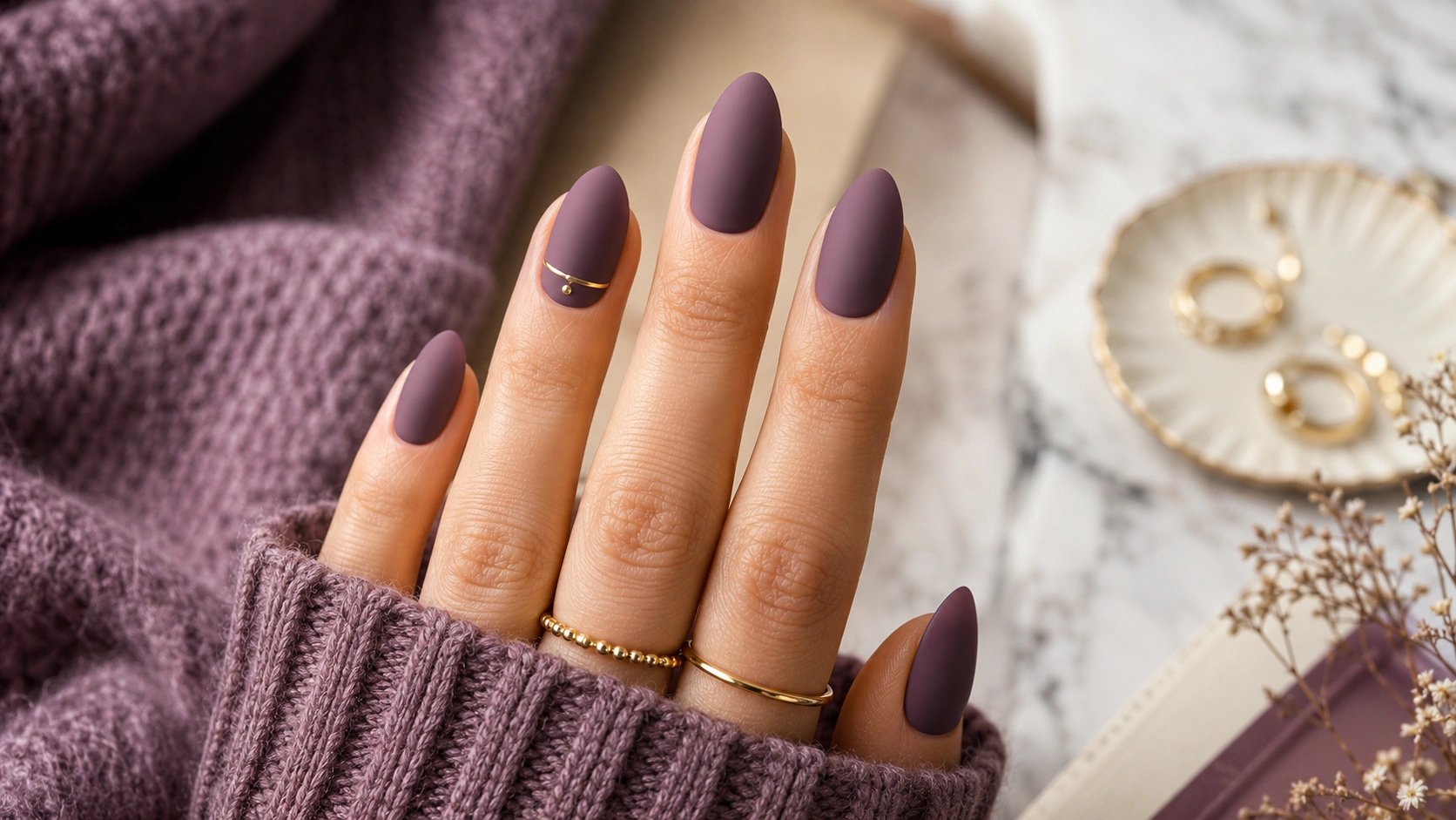 dusty purple nails - moody editorial feature image with gold accent
