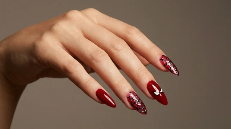 finished red spiderweb nails press-on set with glowing web design