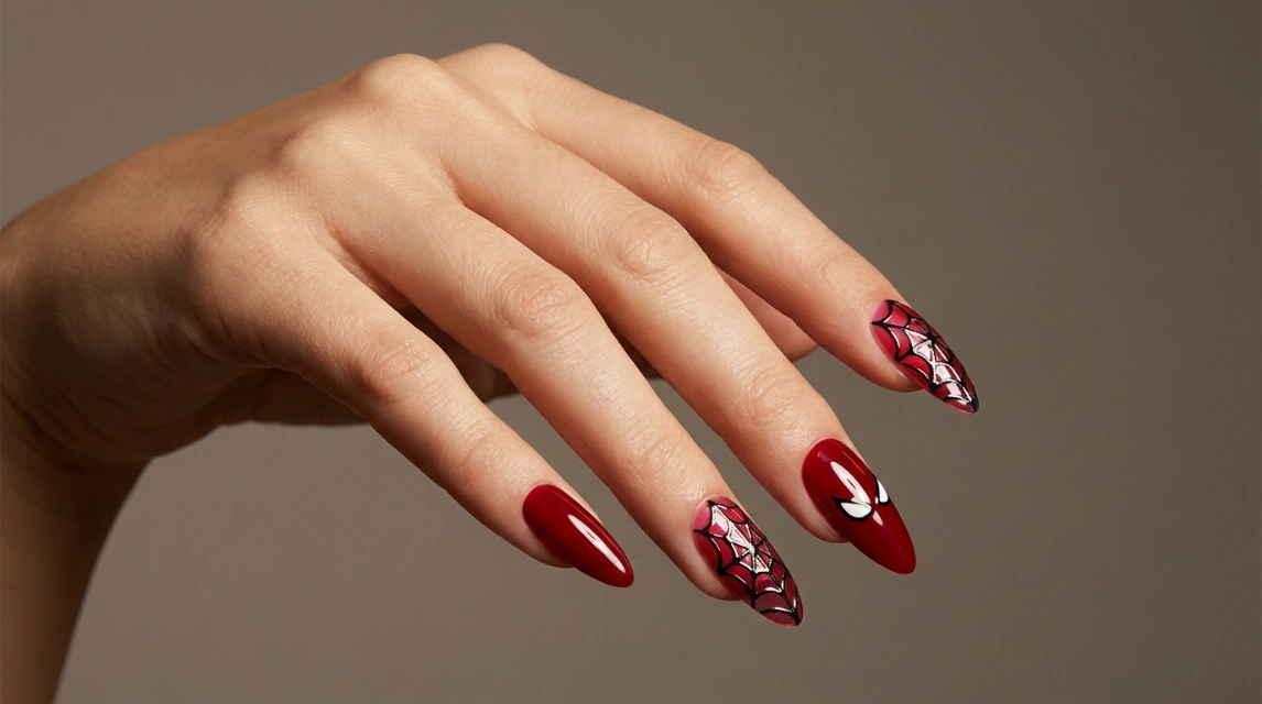 finished red spiderweb nails press-on set with glowing web design