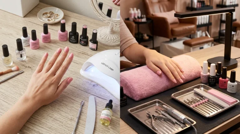 Comparing a home vs salon gel manicure setup side by side.