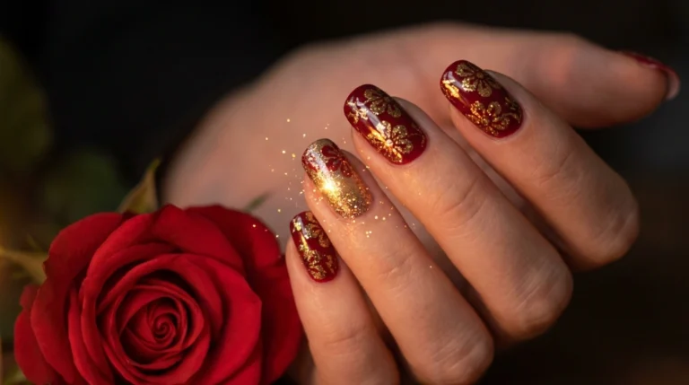 red floral glitter nail art - feature image with real flower