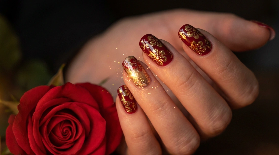 red floral glitter nail art - feature image with real flower