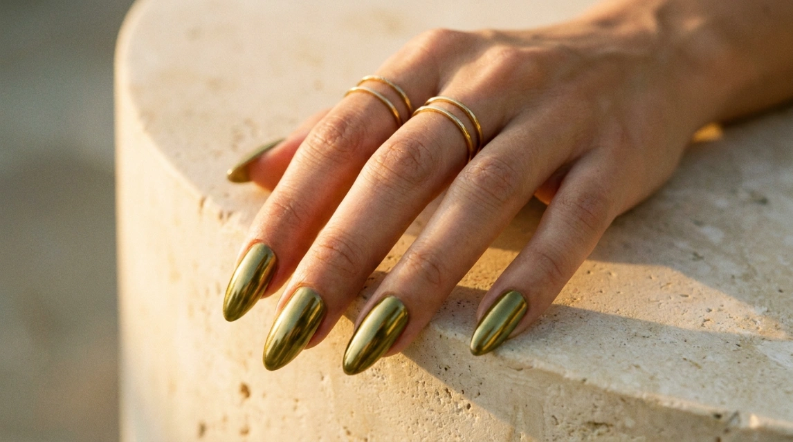 olive chrome nails on an almond shape with stacked gold rings.