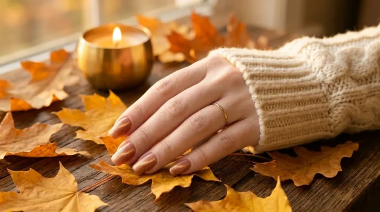 Warm nude cat-eye nails with a soft golden shimmer line on a squoval shape.