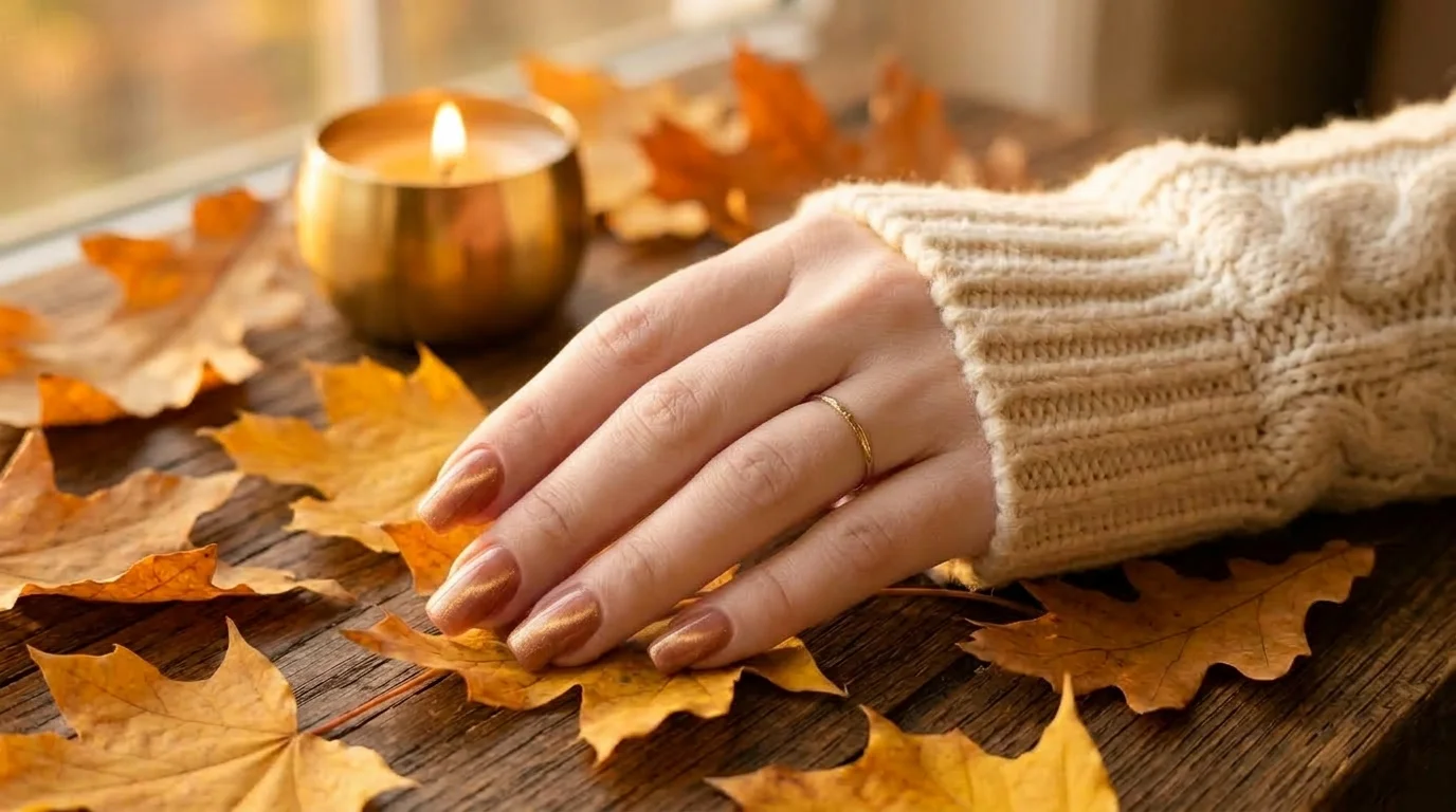 Warm nude cat-eye nails with a soft golden shimmer line on a squoval shape.