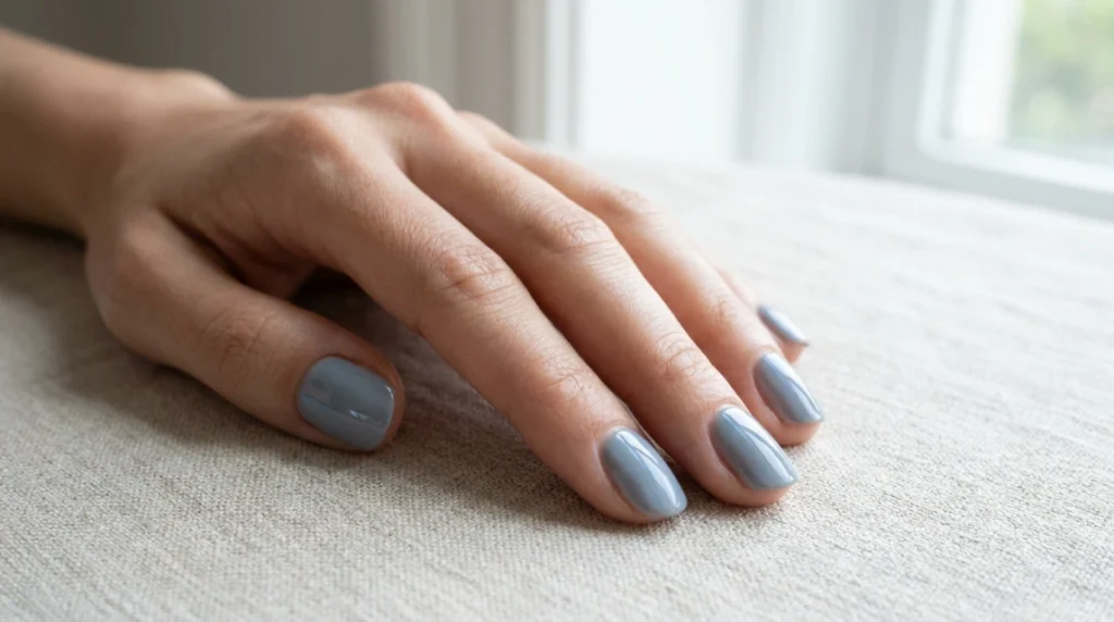A close-up of dolphin gray nails showing the smooth, blue-toned gray finish. 