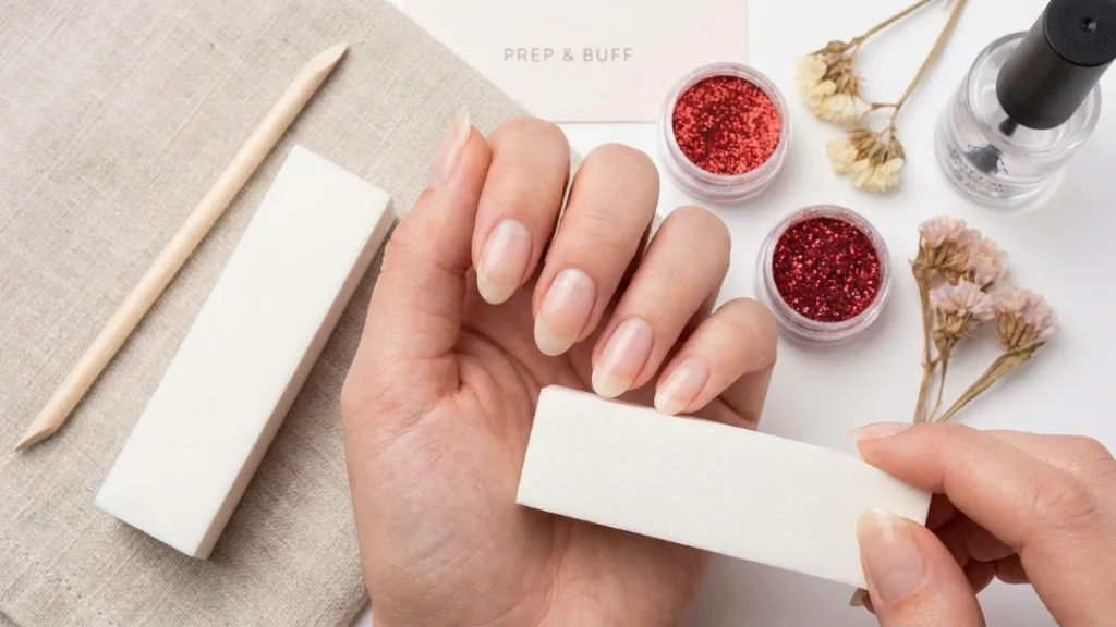 red floral glitter nail art - prepping and buffing nails before polish