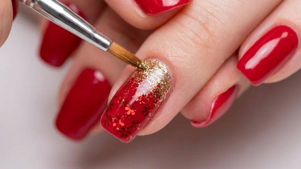 red floral glitter nail art - applying gold glitter near the cuticle
