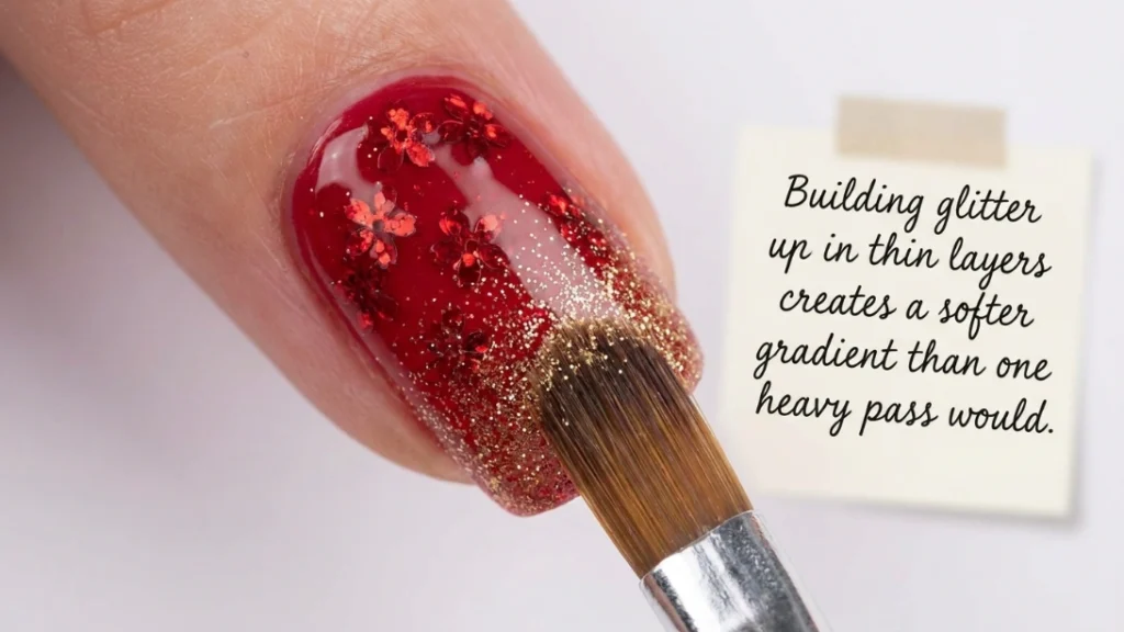 red floral glitter nail art - layering glitter for a gradient effect