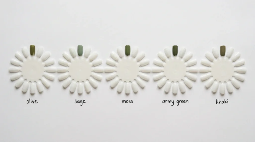 Olive sits at the warmest, most yellow-toned end of the green nail polish family.