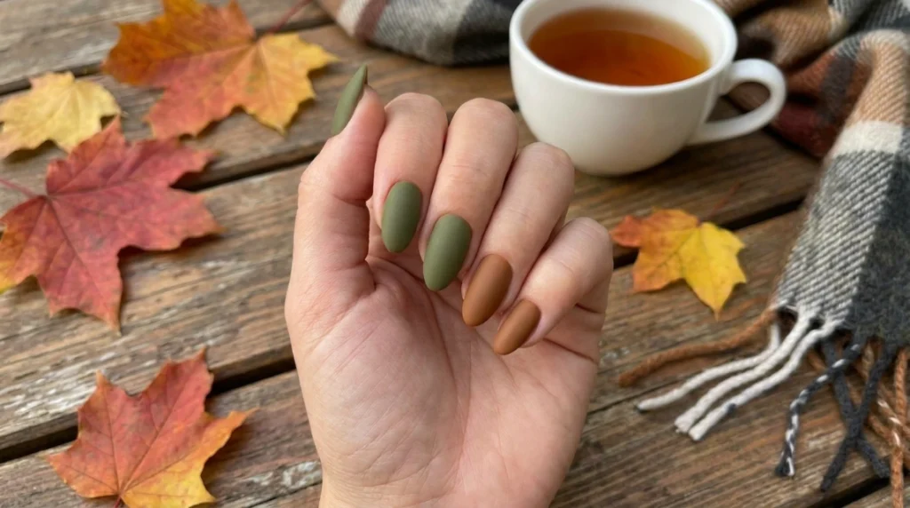 Alternating olive and chocolate brown nails leans into the fall color palette.