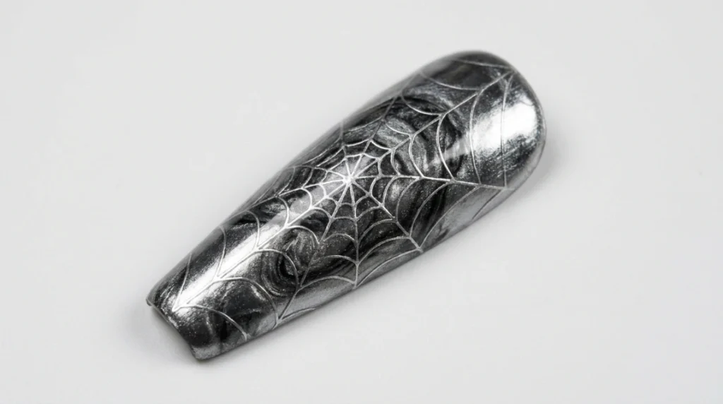 Cured The finished silver-and-black web pattern, fully cured and ready for the blooming accents.