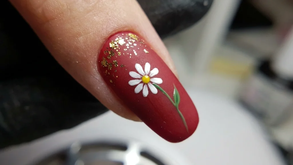 red floral glitter nail art - finished accent nail before top coat