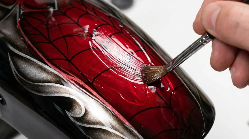 applying translucent red gel over web pattern for red spiderweb nails