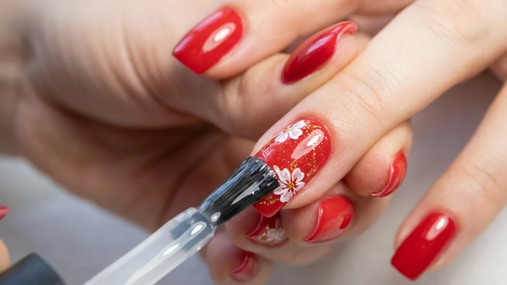red floral glitter nail art - sealing with glossy top coat