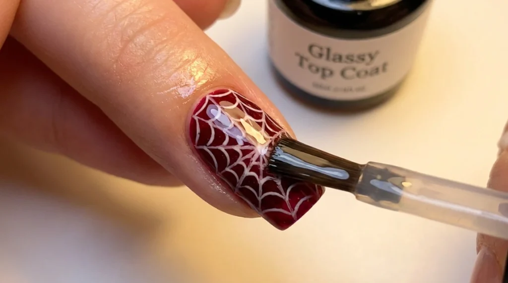 second coat of red gel deepening color for red spiderweb nails