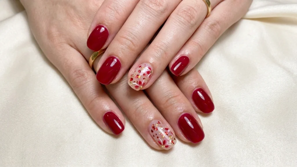 red floral glitter nail art - finished full manicure set