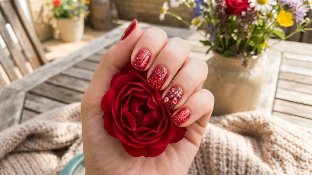 red floral glitter nail art - lifestyle shot with real flowers