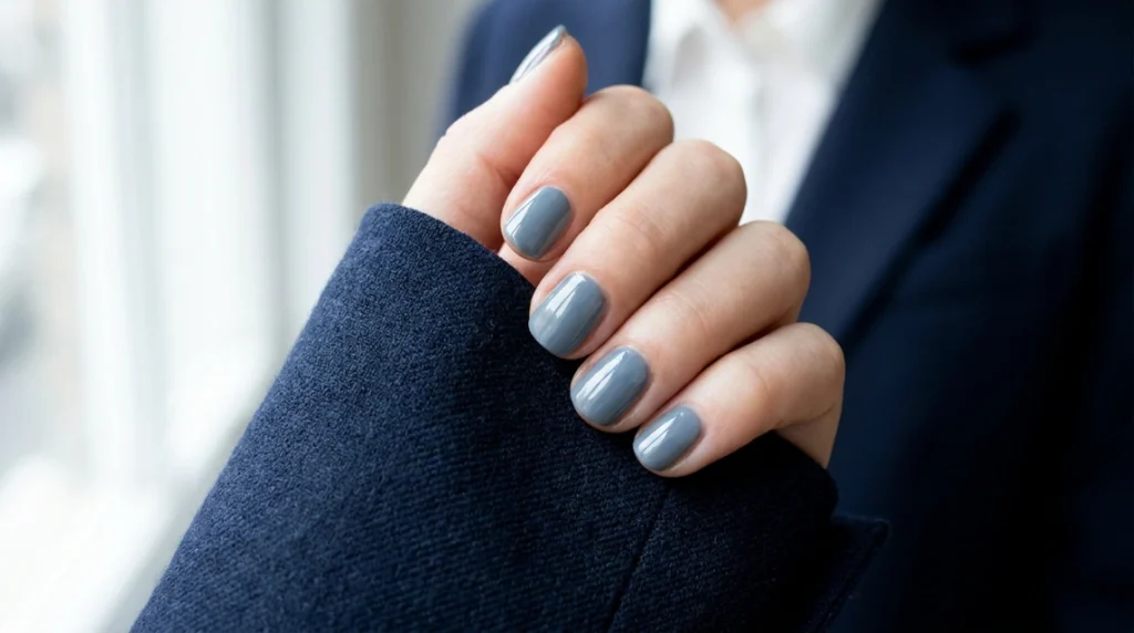 Dolphin gray nails styled against a navy uniform sleeve for a clean, dress-code-friendly look.