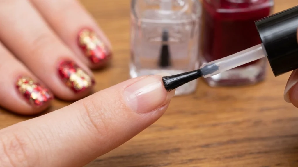 red floral glitter nail art - applying clear base coat