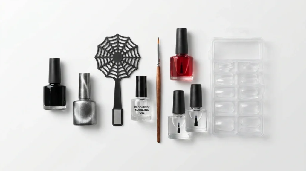 materials for red spiderweb nails including magnetic gel and web magnet tool