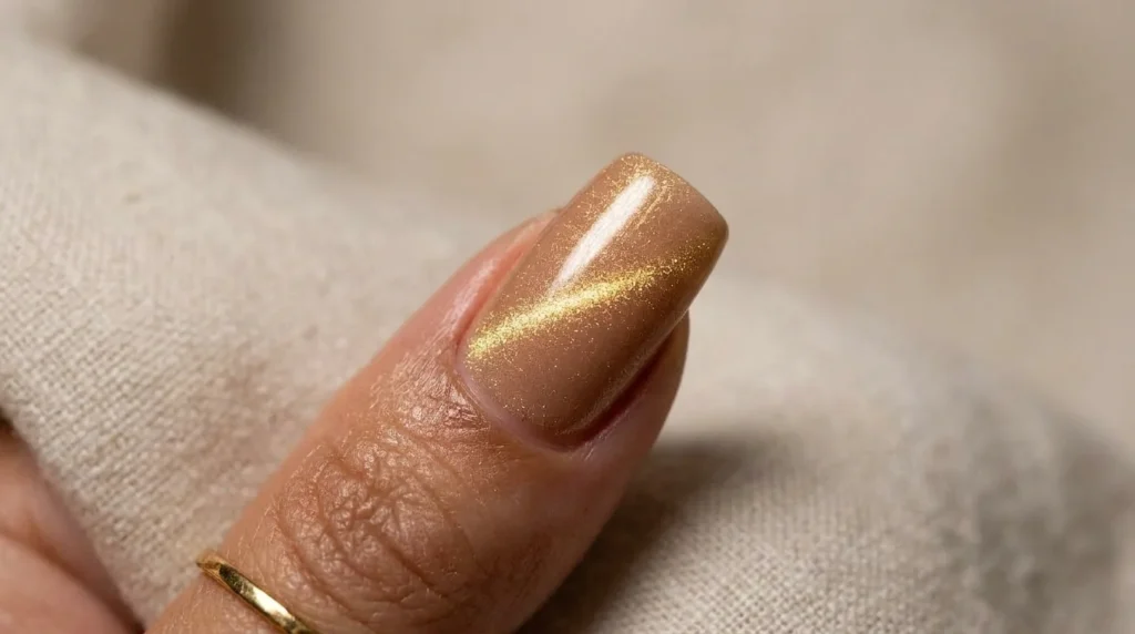 A magnet pulls the metallic particles into a soft diagonal line.