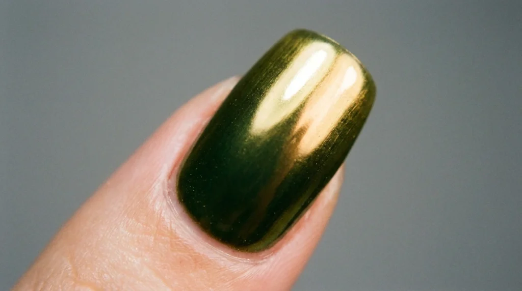 The chrome layer is what shifts olive nails from matte green to bronzed gold