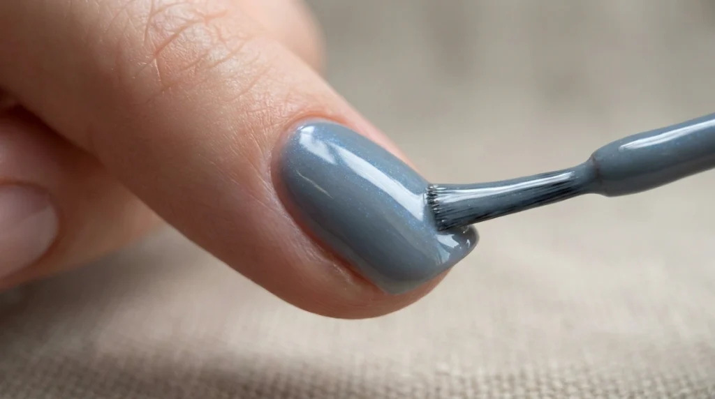 Painting on the cool-toned gray base coat, the first layer of dolphin gray nails.