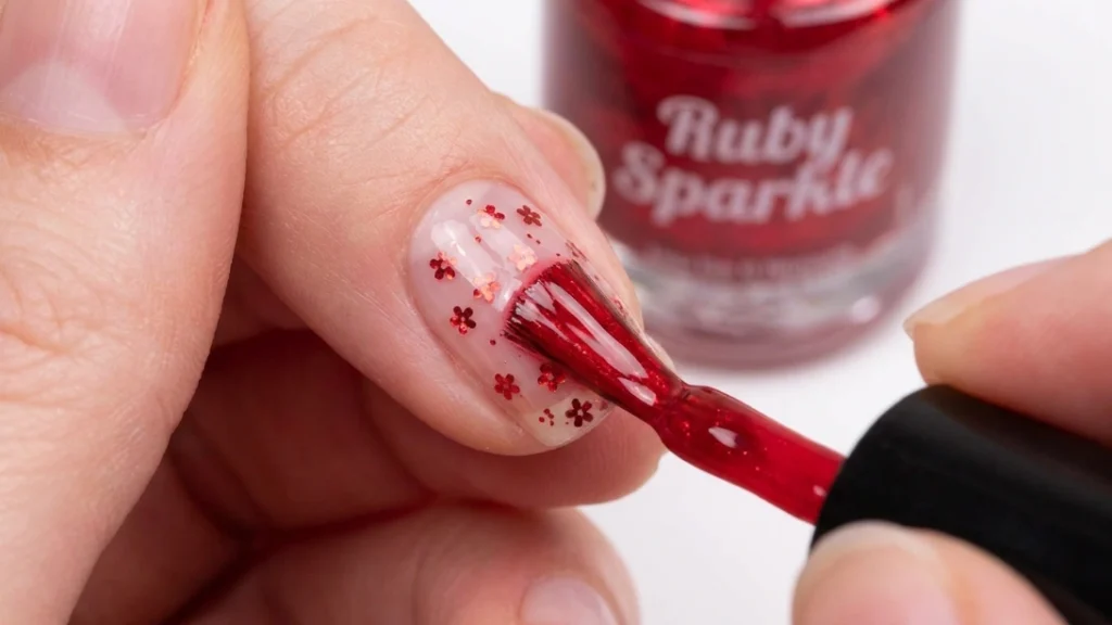 red floral glitter nail art - first red polish coat Title: red-floral-glitter-nails-step3-first-red-coat