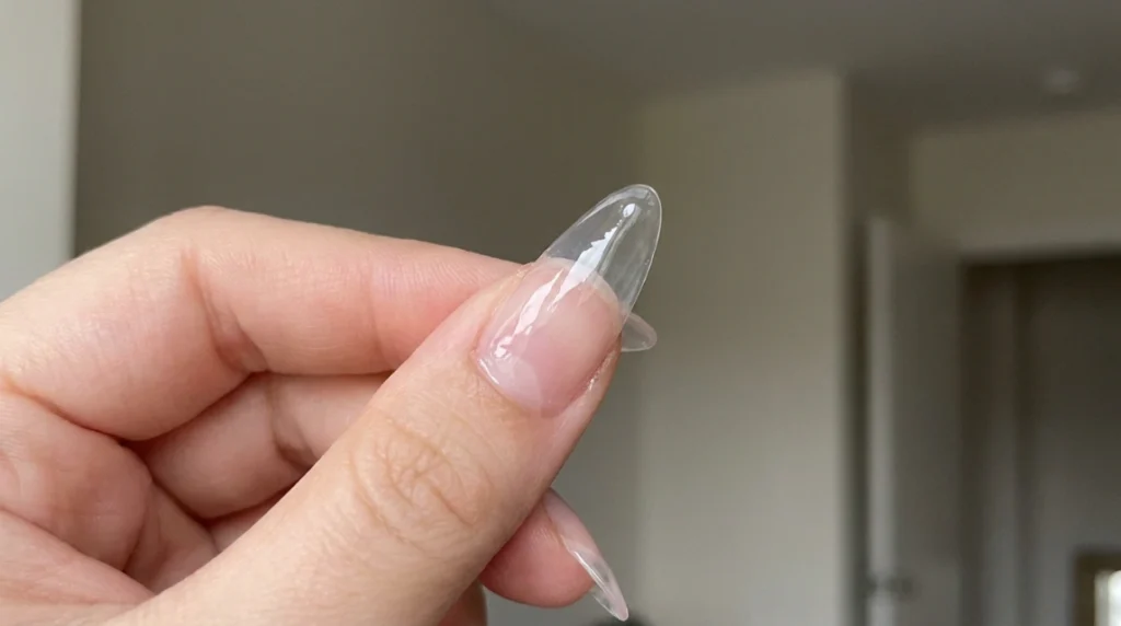 prepped press-on nail tip before red spiderweb nails application