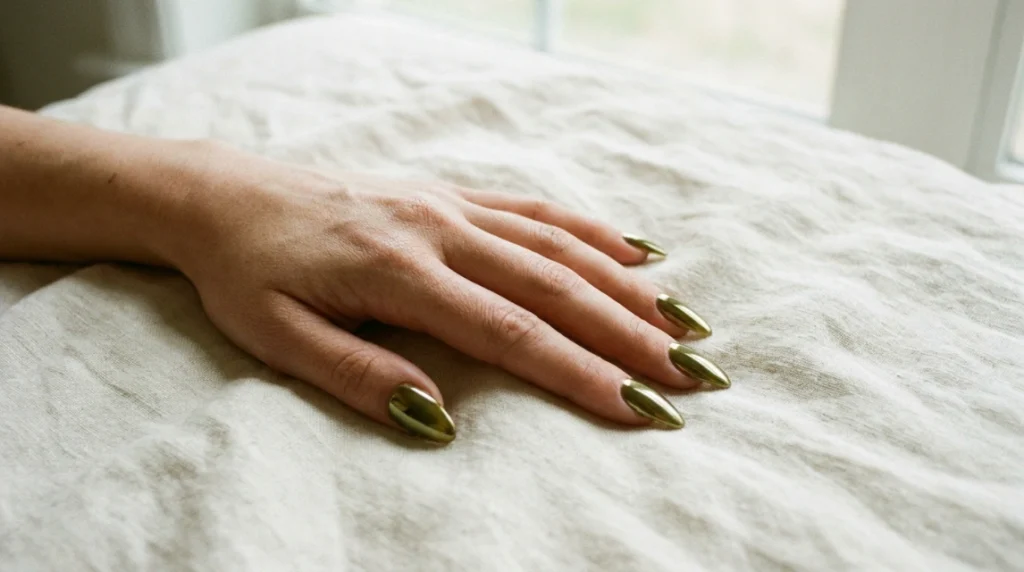 Full olive chrome coverage on an almond shape is the classic version of this trend