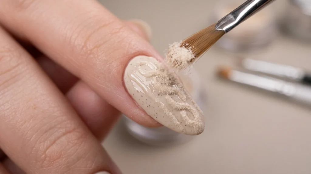 cozy sweater nails - flocking powder application