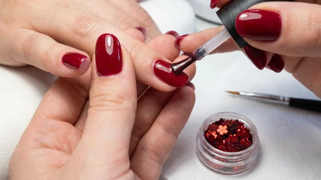 red floral glitter nail art - second red polish coat