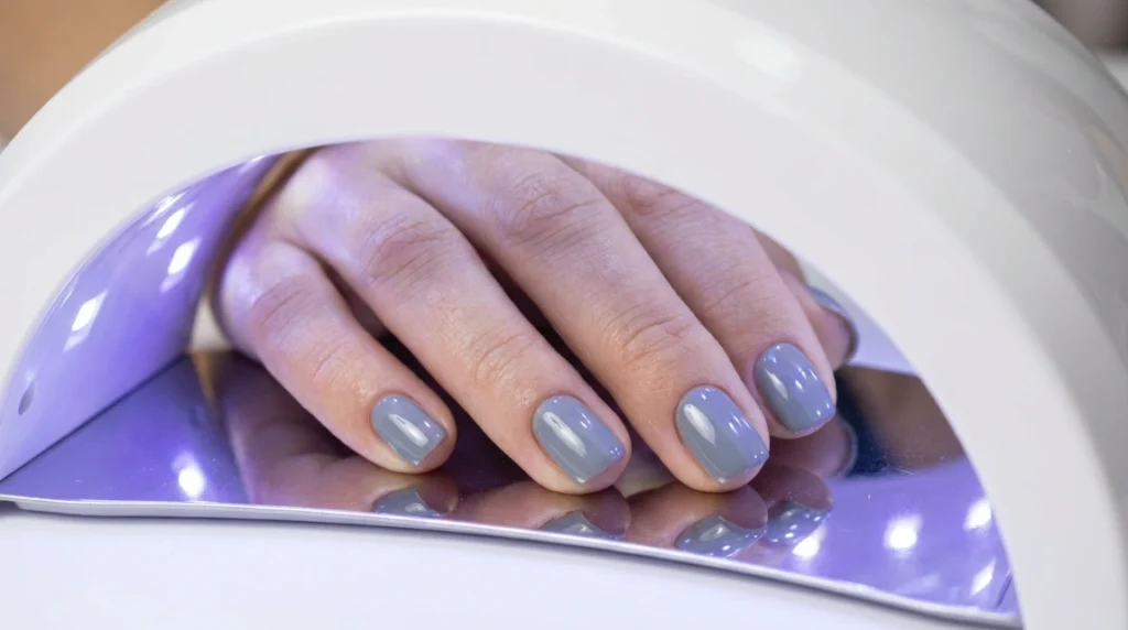 Curing dolphin gray nails under a UV lamp to lock in the glossy finish.