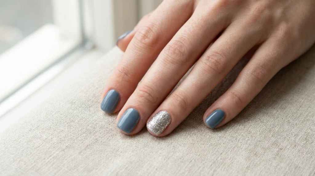 A dolphin gray nails variation featuring one glitter accent nail for a dressed-up campus look.