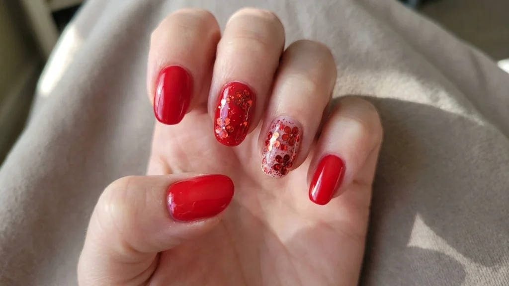 red floral glitter nail art - choosing accent nails for the floral design