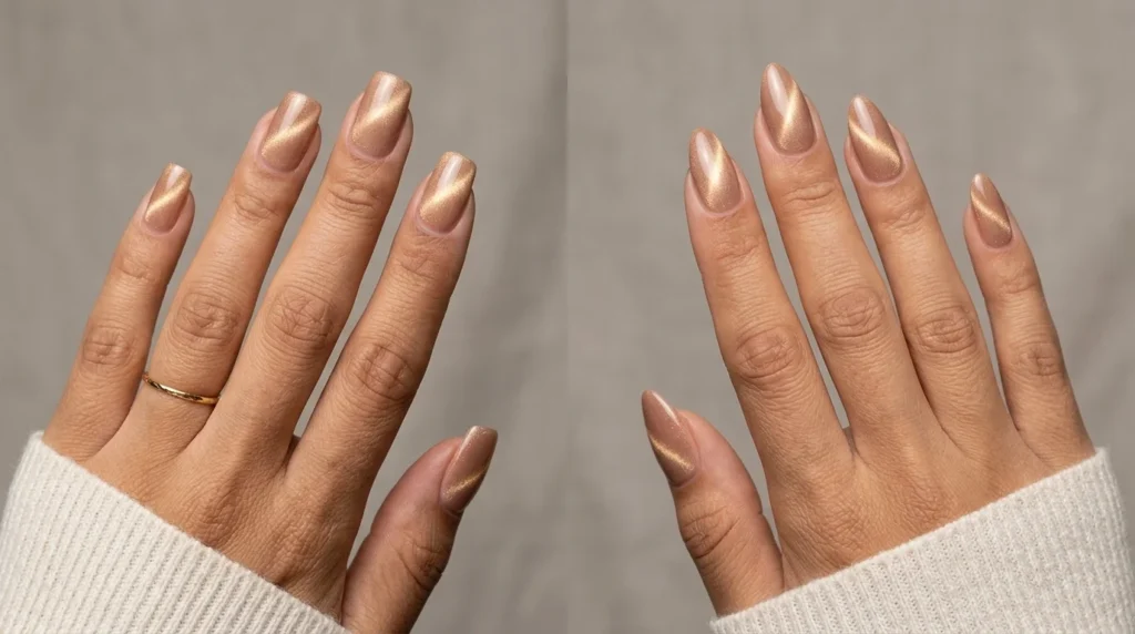 A glossy top coat adds depth to the finished shimmer