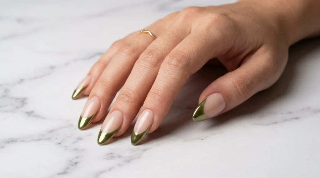 Olive chrome tips give the French manicure a modern, metallic edge.