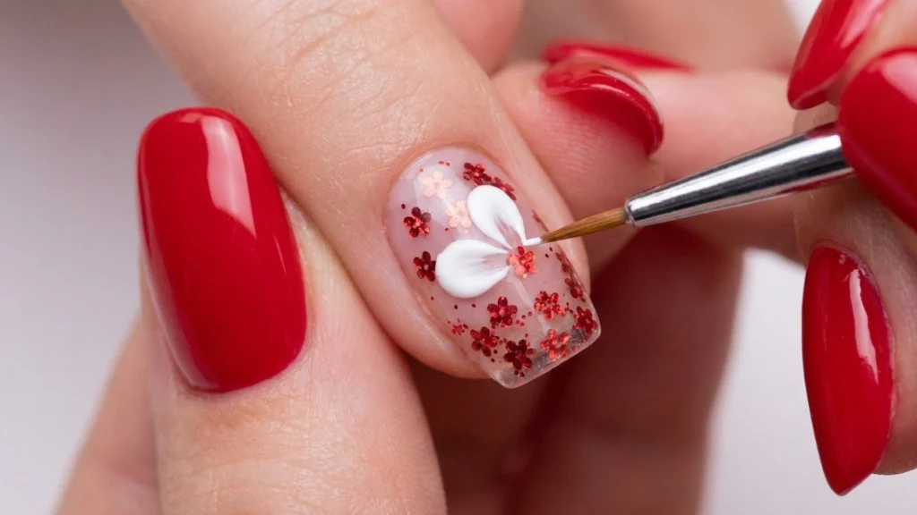 red floral glitter nail art - painting the first flower petal