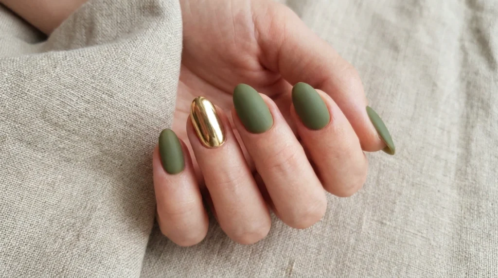 One gold chrome accent nail is an easy way to try the olive and gold pairing.