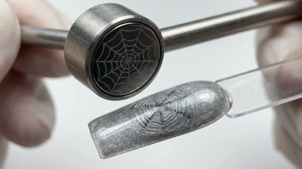 spiderweb magnet tool held over wet cat-eye gel for red spiderweb nails