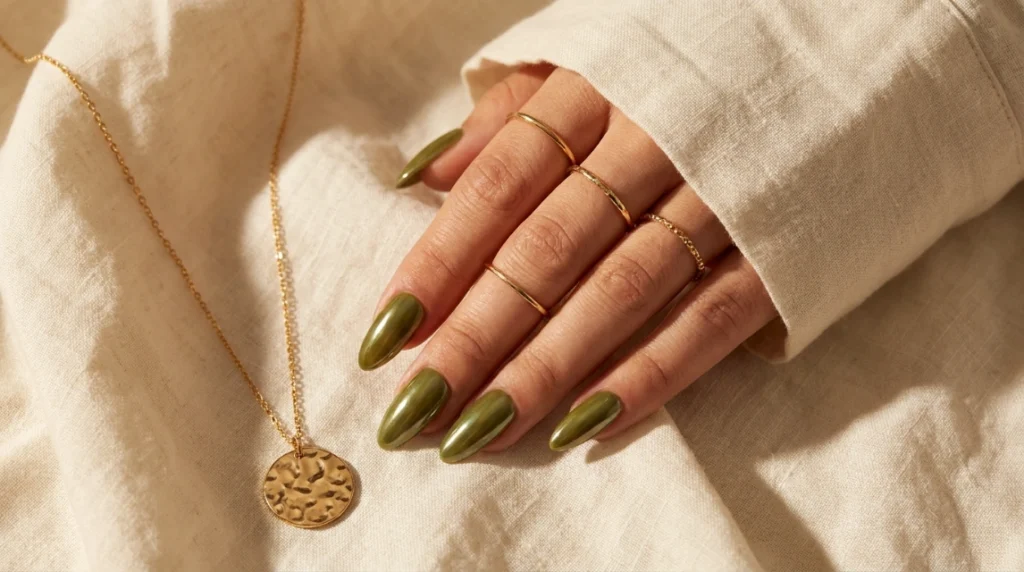 Layered gold rings and a warm neutral outfit complete the editorial olive chrome look.
